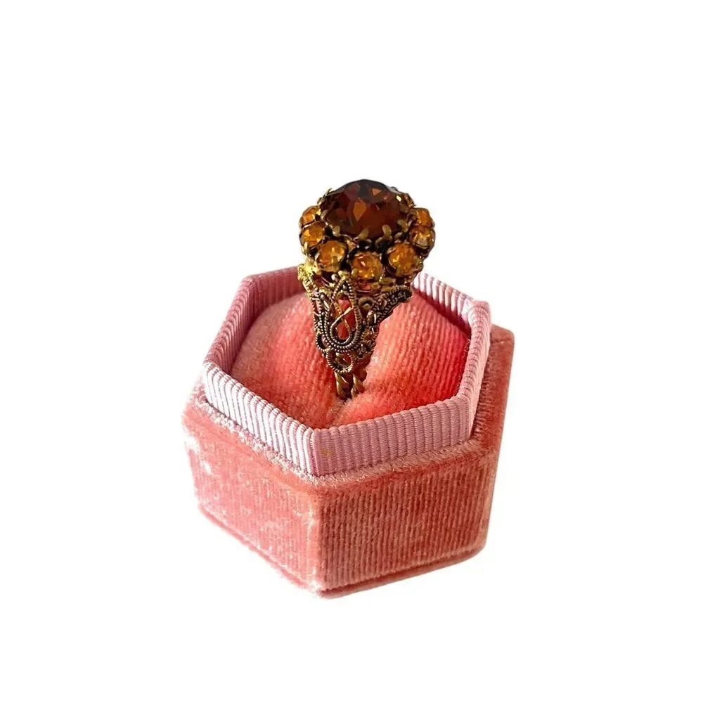 Vintage West Germany Amber Glass Brass Filigree Cocktail Ring